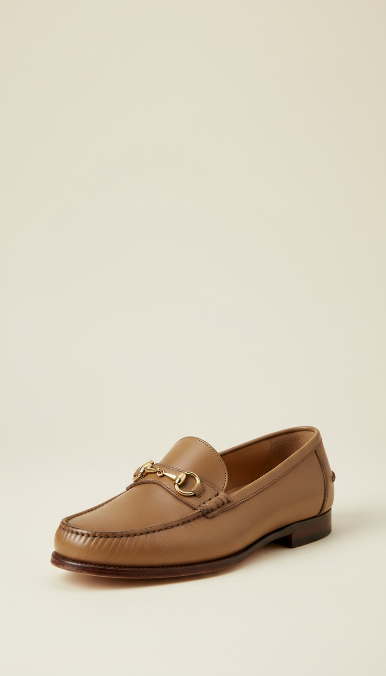 Taupe Leather Loafer Gold Accent